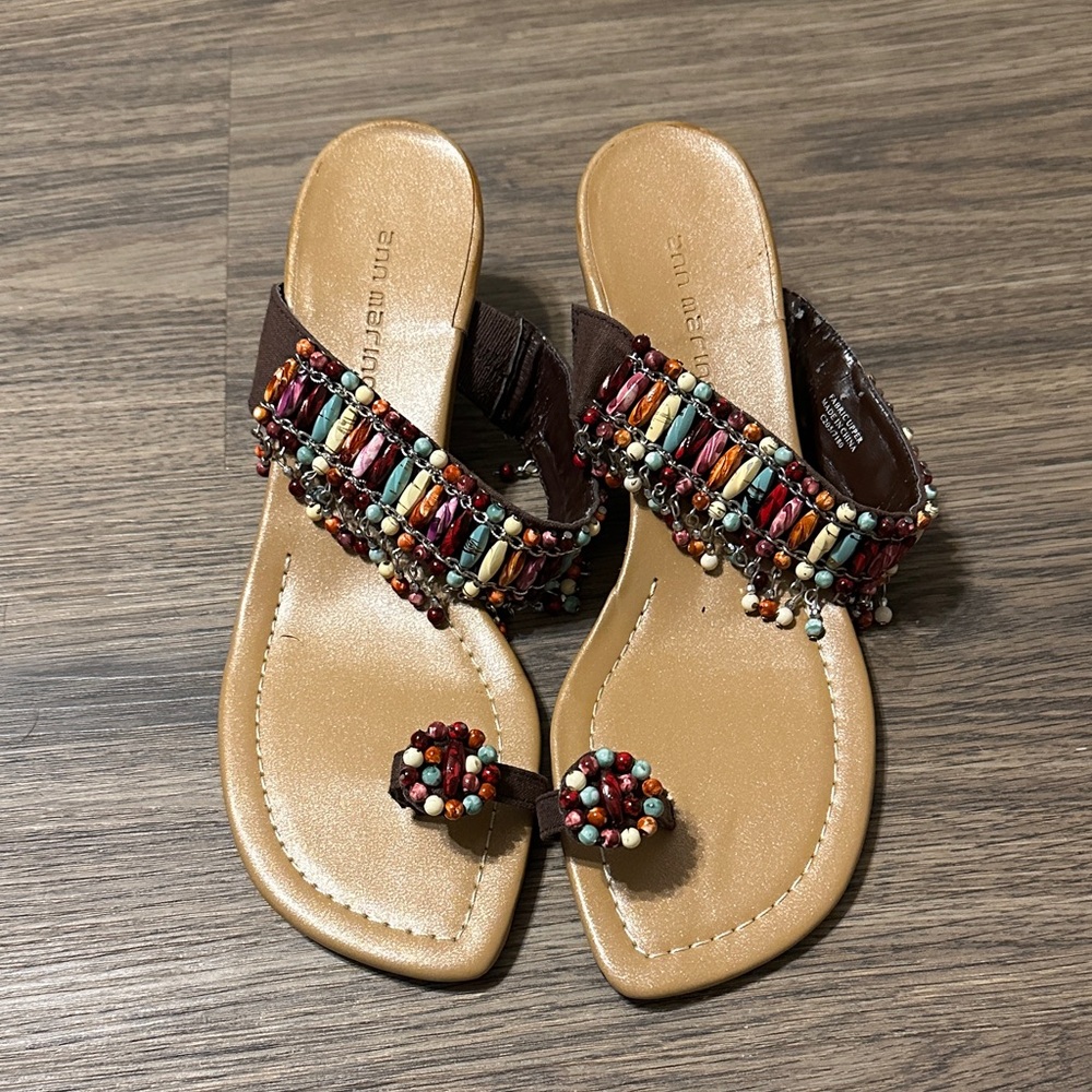 Ann Marino Beaded Sandals - Brown and Multicolor